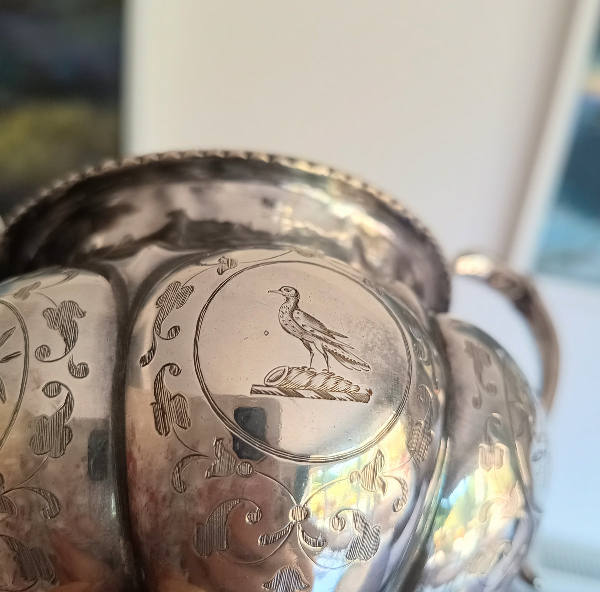 Antique W & G Sissons Silver Plated Teapot Biscuits / Sugar Bowl, Melon Shape, Pheasant Crest
