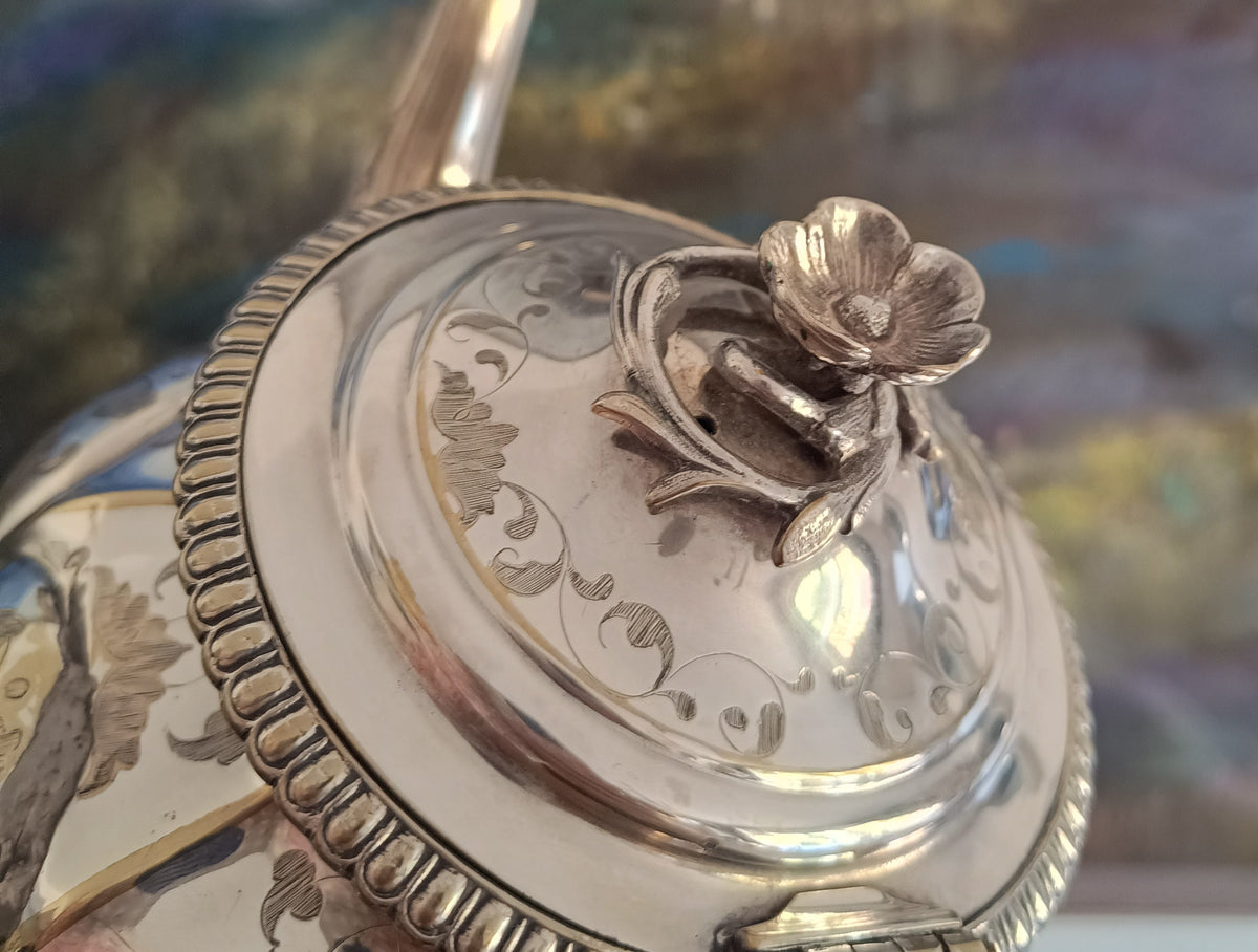 Antique W & G Sissons Silver Plated Teapot Biscuits / Sugar Bowl, Melon Shape, Pheasant Crest