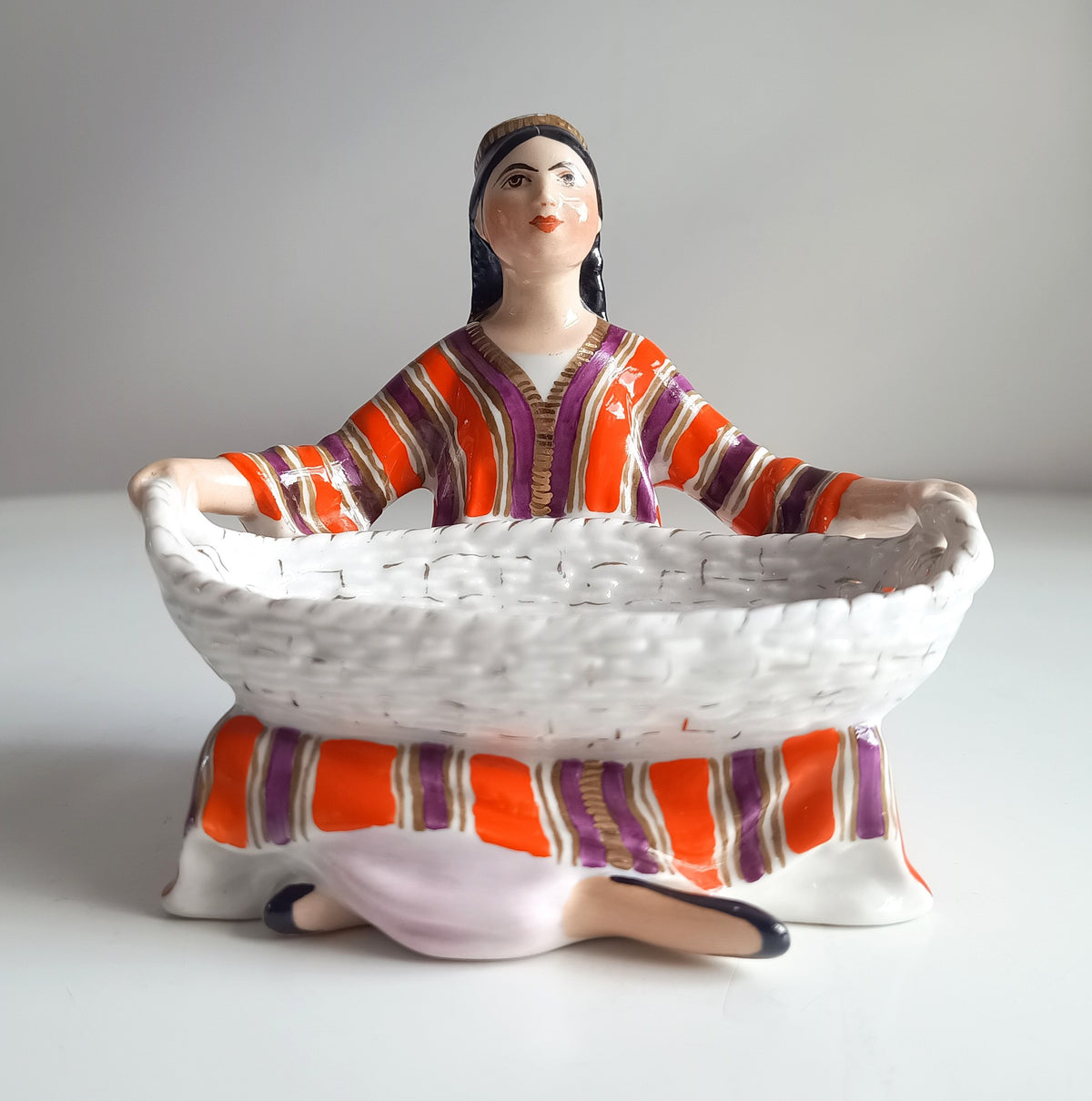 Vintage Lomonosov LFZ Porcelain Figurine Uzbek Girl with Basket, G. Stolbova, Red Mark USSR