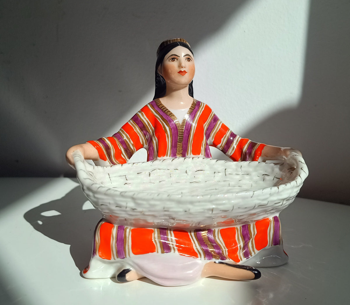Vintage Lomonosov LFZ Porcelain Figurine Uzbek Girl with Basket, G. Stolbova, Red Mark USSR