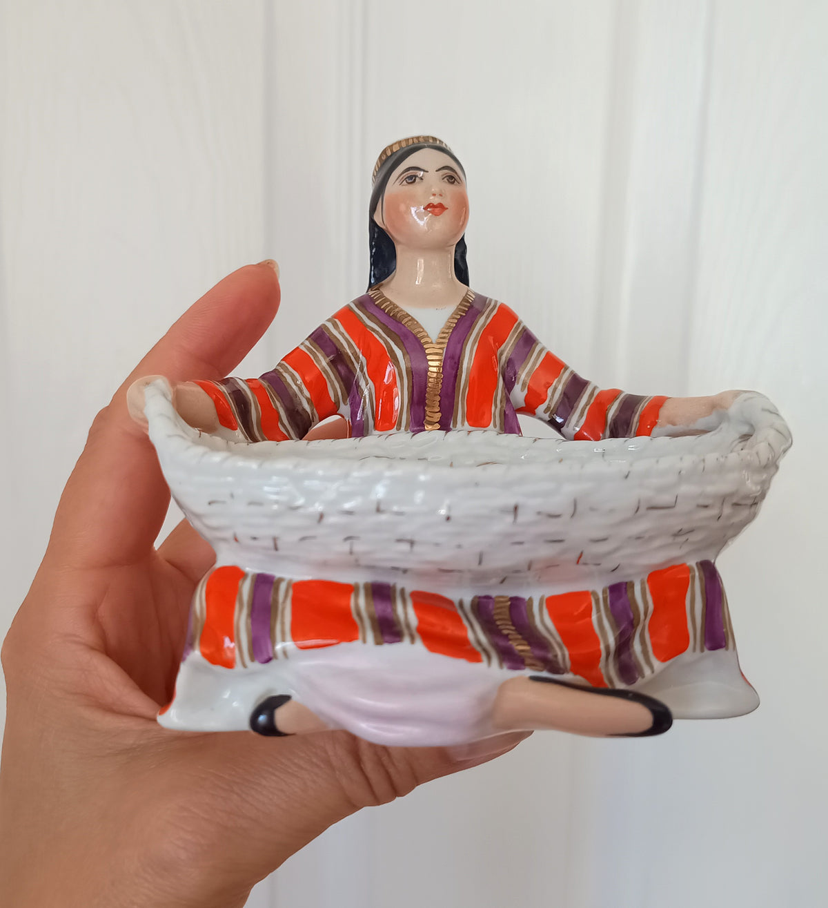 Vintage Lomonosov LFZ Porcelain Figurine Uzbek Girl with Basket, G. Stolbova, Red Mark USSR