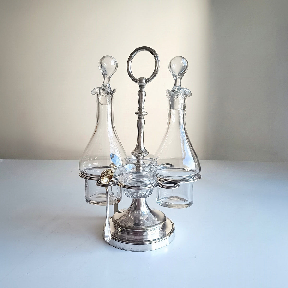Vintage Christofle Art Deco Cruet Set: Oil Vinegar Condiments Bottles / Jars, Silver Plated Stand