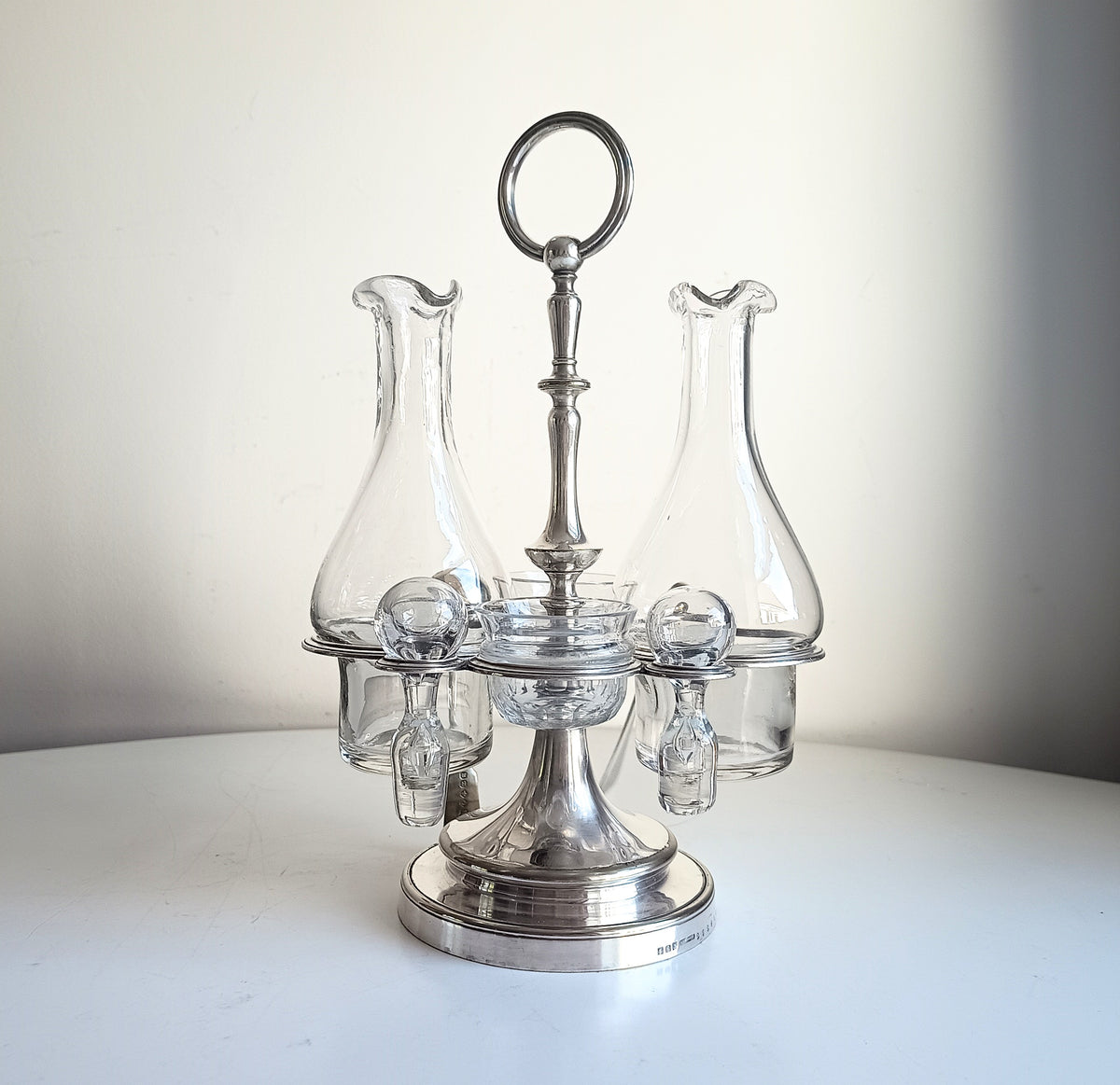Vintage Christofle Art Deco Cruet Set: Oil Vinegar Condiments Bottles / Jars, Silver Plated Stand