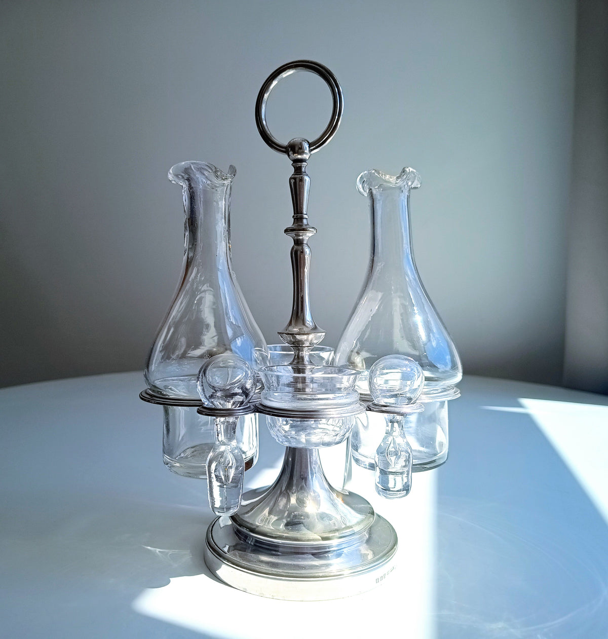 Vintage Christofle Art Deco Cruet Set: Oil Vinegar Condiments Bottles / Jars, Silver Plated Stand