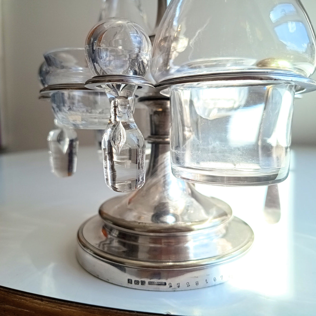 Vintage Christofle Art Deco Cruet Set: Oil Vinegar Condiments Bottles / Jars, Silver Plated Stand