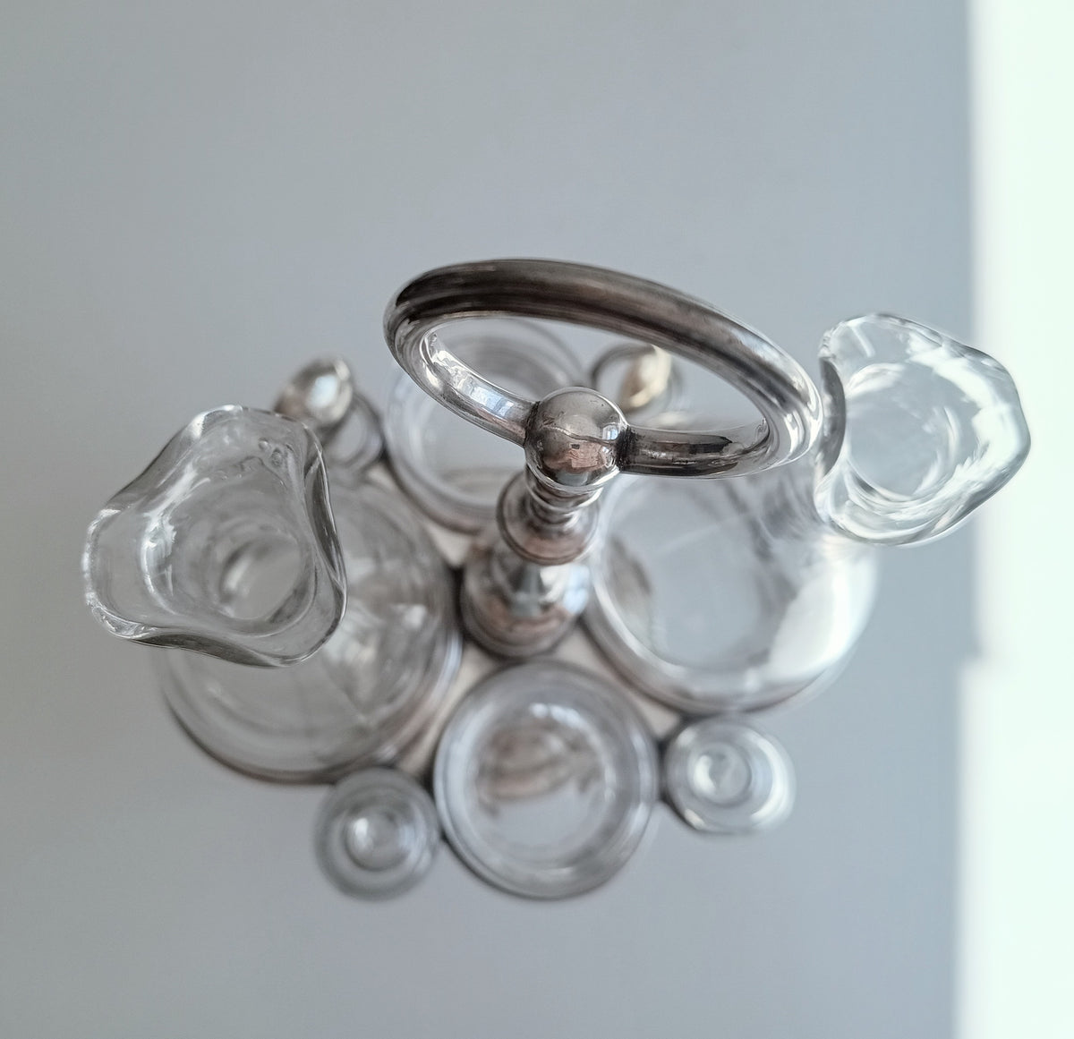 Vintage Christofle Art Deco Cruet Set: Oil Vinegar Condiments Bottles / Jars, Silver Plated Stand
