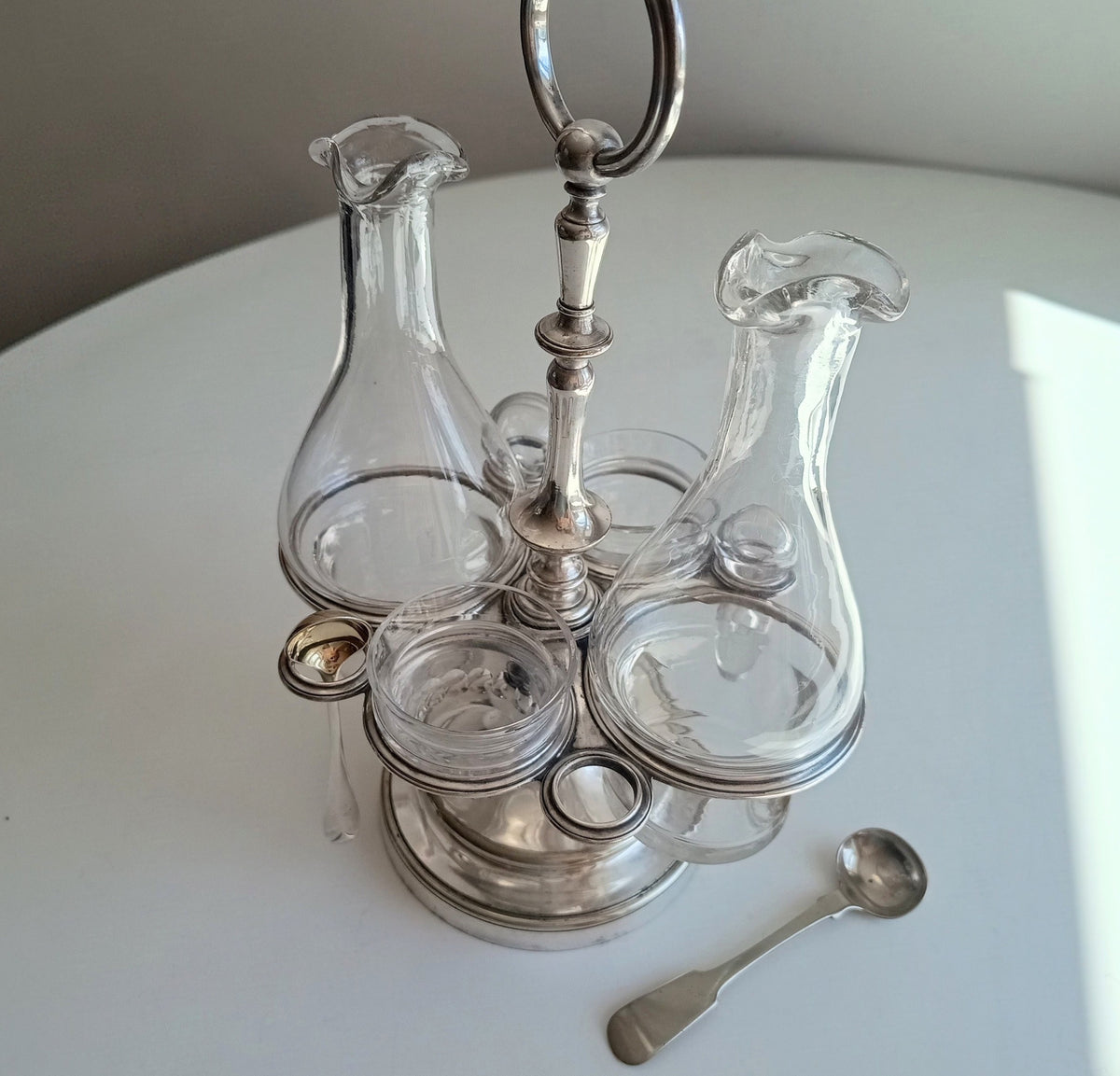 Vintage Christofle Art Deco Cruet Set: Oil Vinegar Condiments Bottles / Jars, Silver Plated Stand