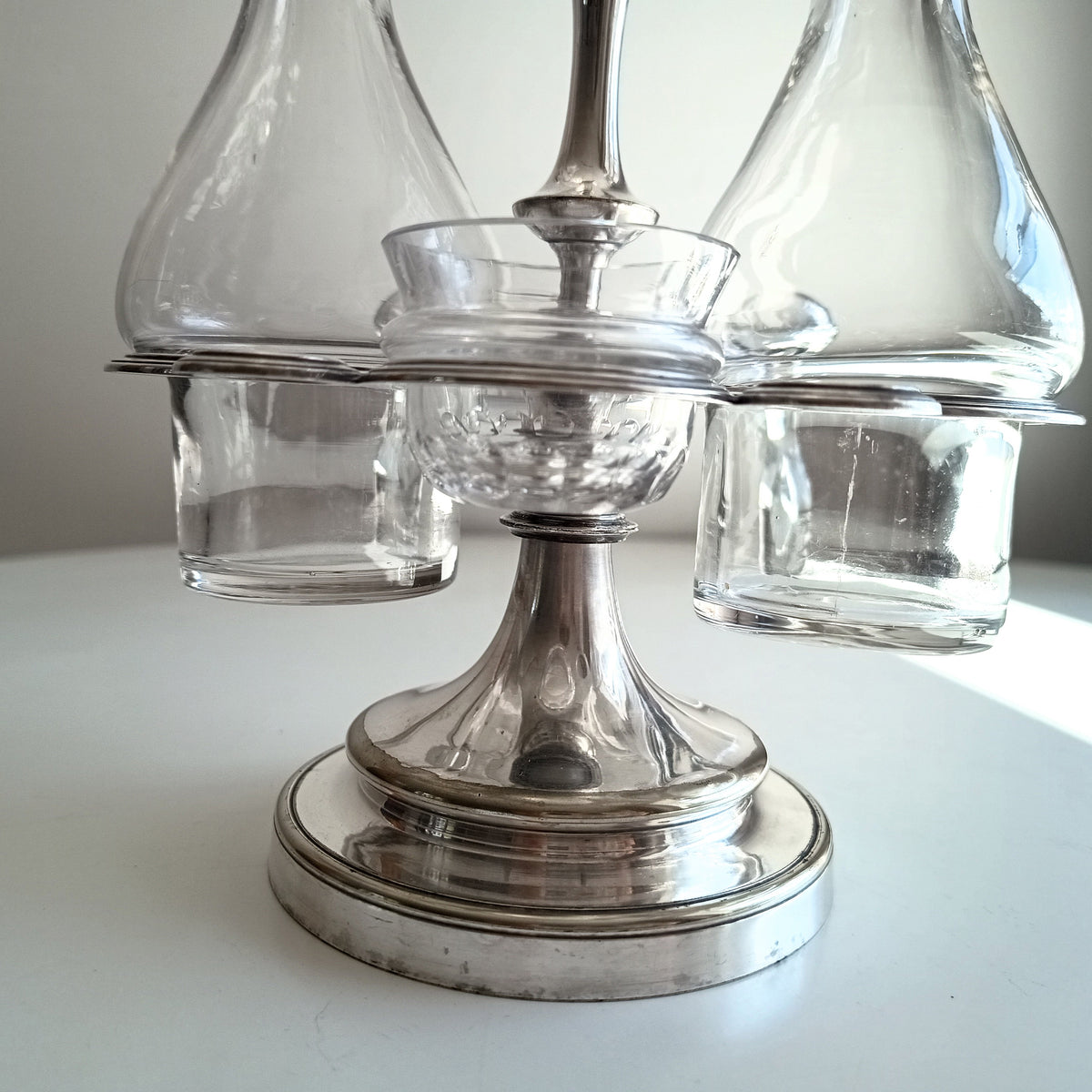 Vintage Christofle Art Deco Cruet Set: Oil Vinegar Condiments Bottles / Jars, Silver Plated Stand