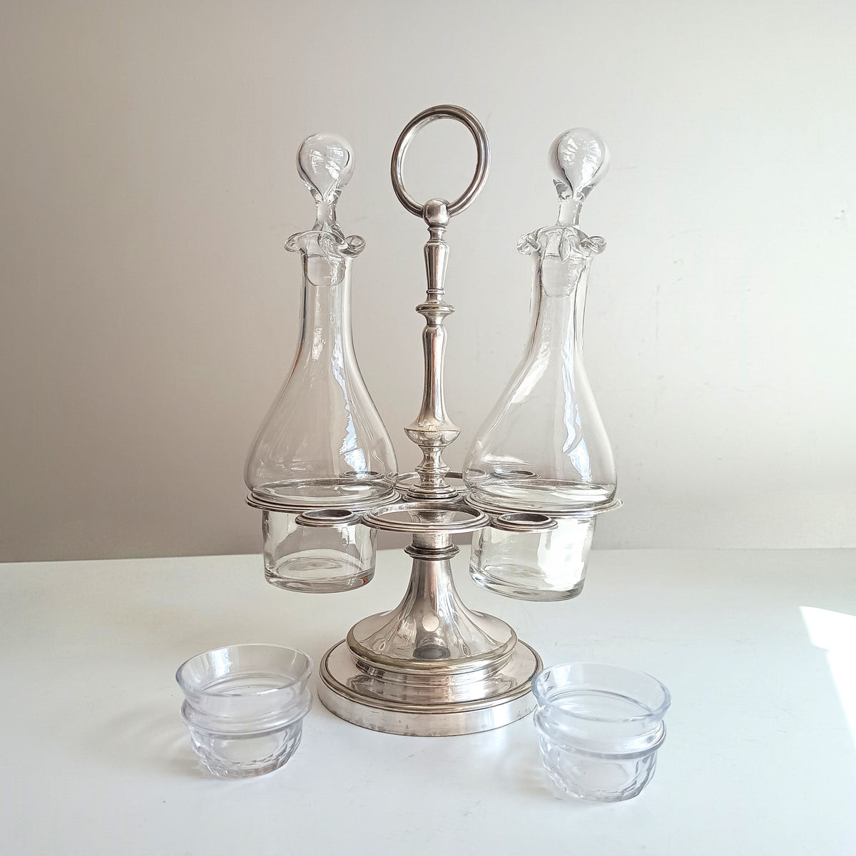 Vintage Christofle Art Deco Cruet Set: Oil Vinegar Condiments Bottles / Jars, Silver Plated Stand