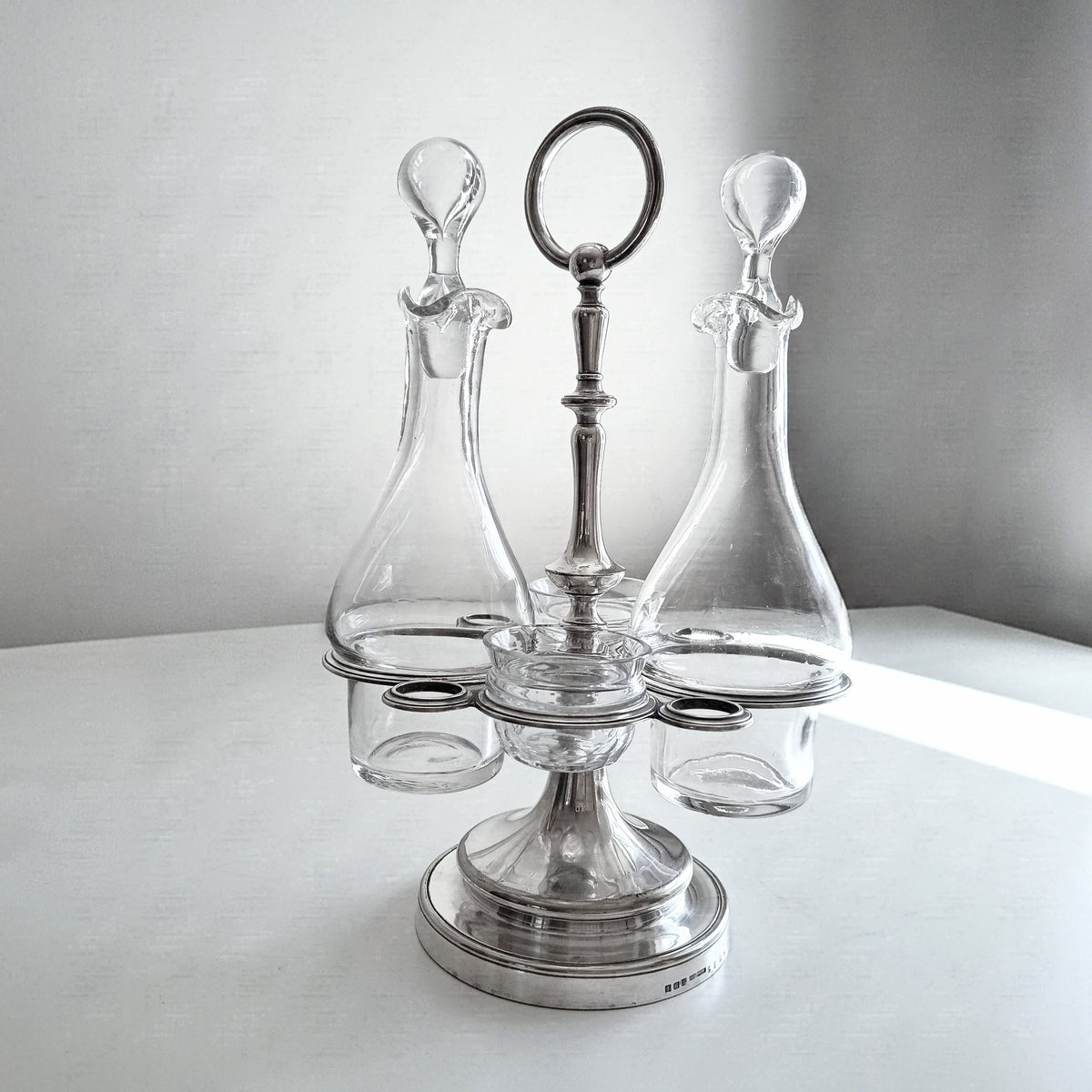 Vintage Christofle Art Deco Cruet Set: Oil Vinegar Condiments Bottles / Jars, Silver Plated Stand