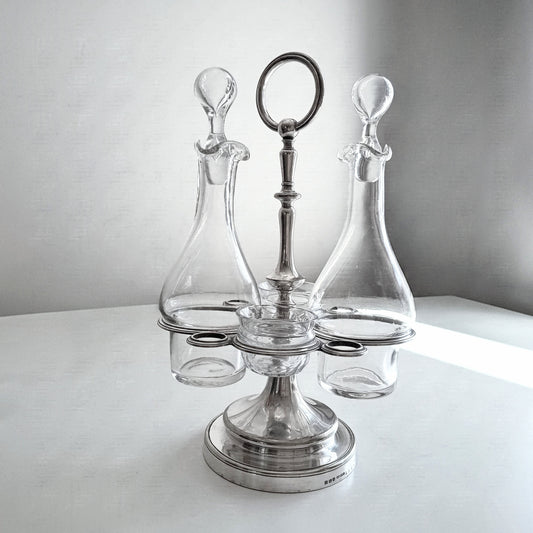 Vintage Christofle Art Deco Cruet Set: Oil Vinegar Condiments Bottles / Jars, Silver Plated Stand