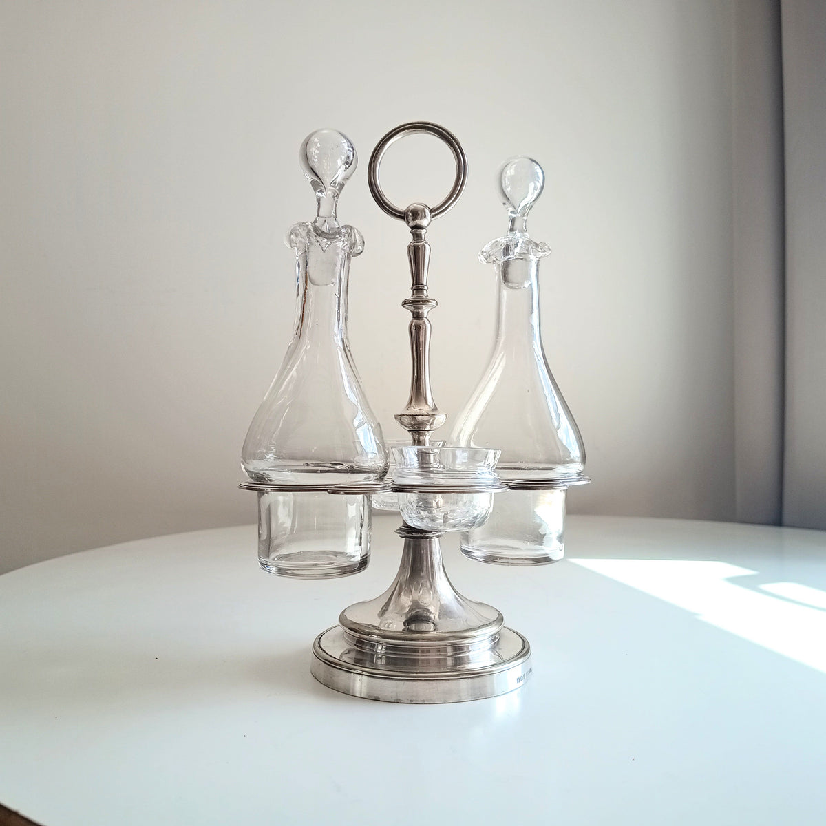 Vintage Christofle Art Deco Cruet Set: Oil Vinegar Condiments Bottles / Jars, Silver Plated Stand