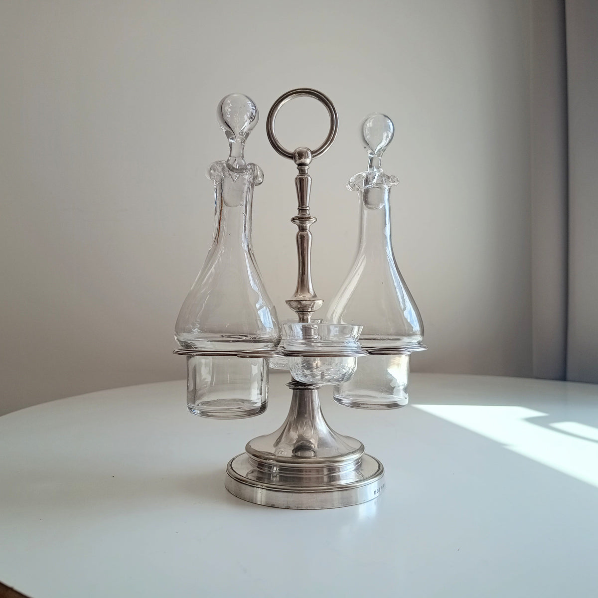 Vintage Christofle Art Deco Cruet Set: Oil Vinegar Condiments Bottles / Jars, Silver Plated Stand