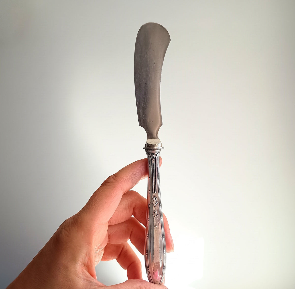 Antique English Chased Silver Plated Cheese / Charcuterie Board & Antique 800 Silver Handle Spreader