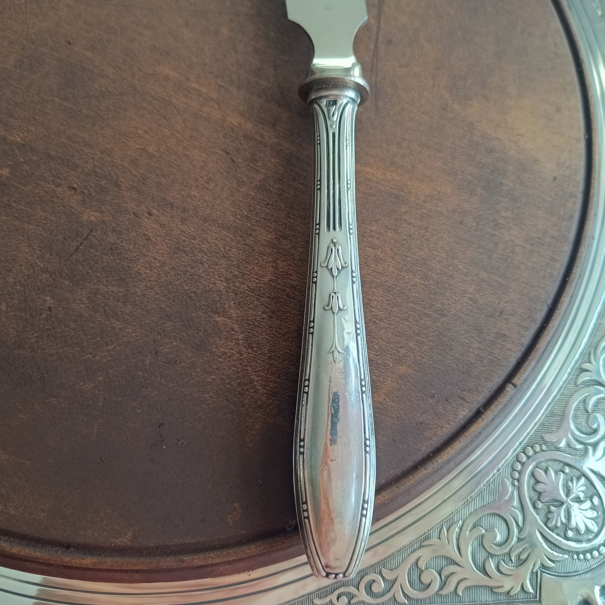 Antique English Chased Silver Plated Cheese / Charcuterie Board & Antique 800 Silver Handle Spreader