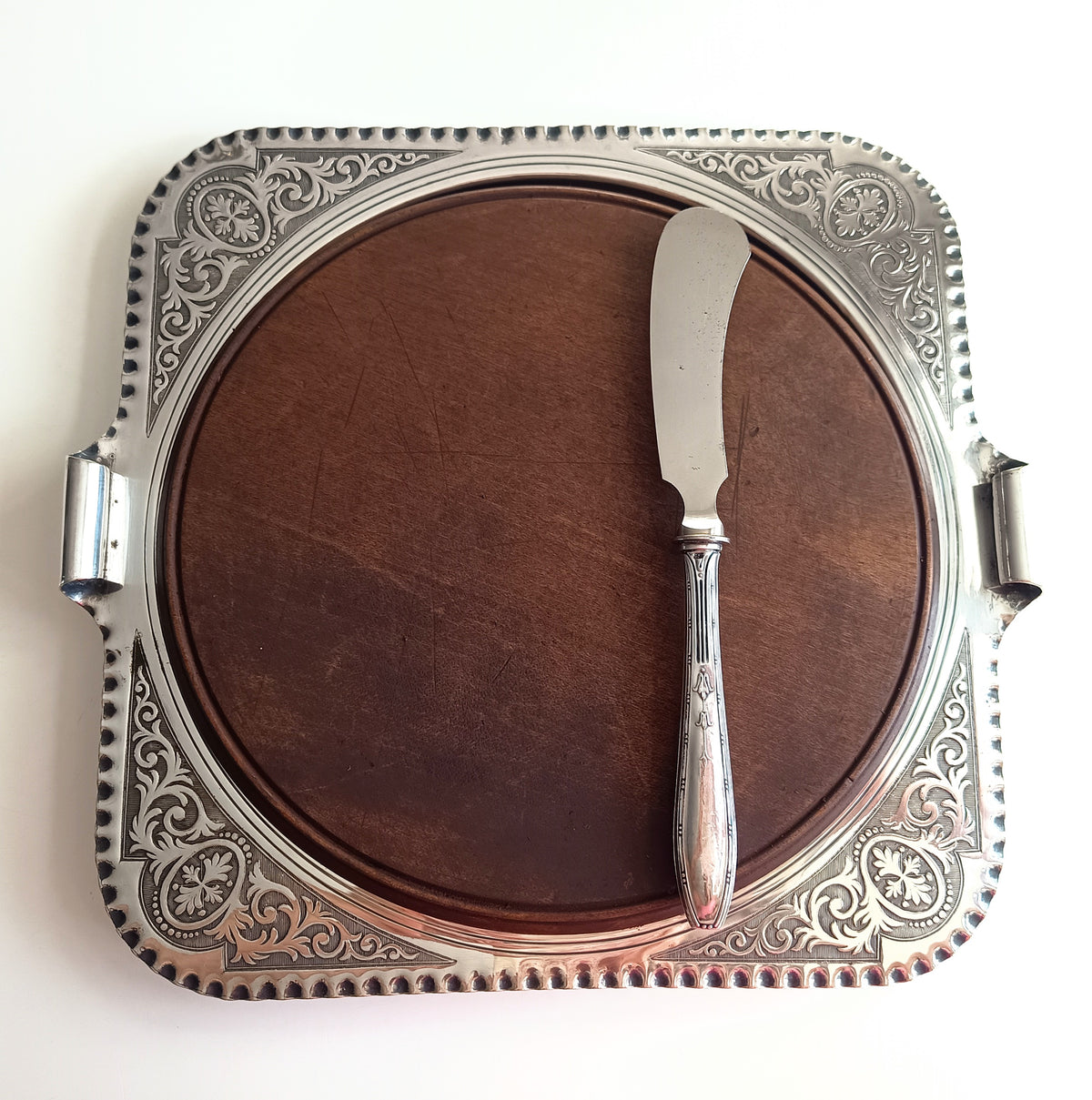 Antique English Chased Silver Plated Cheese / Charcuterie Board & Antique 800 Silver Handle Spreader