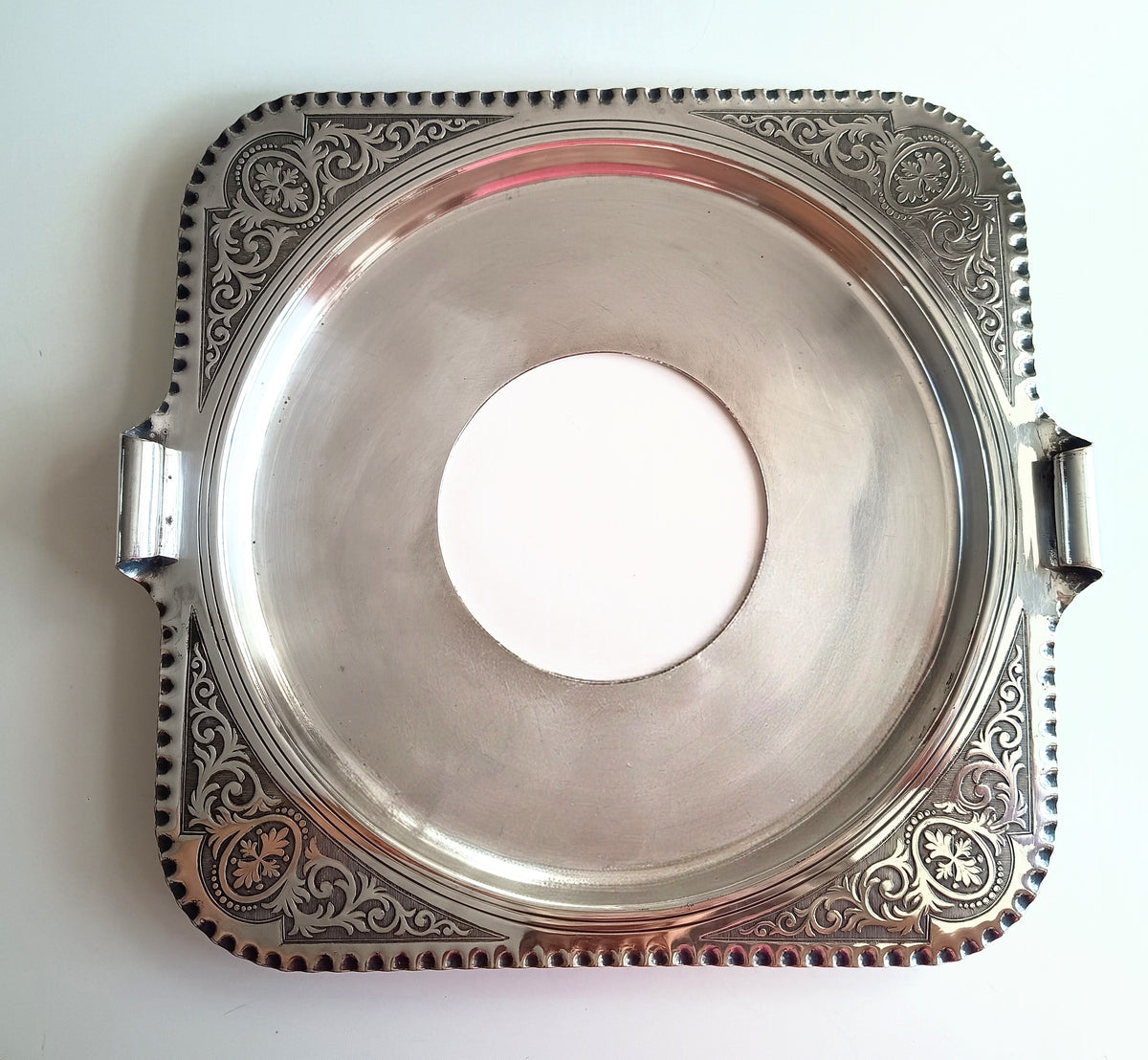 Antique English Chased Silver Plated Cheese / Charcuterie Board & Antique 800 Silver Handle Spreader
