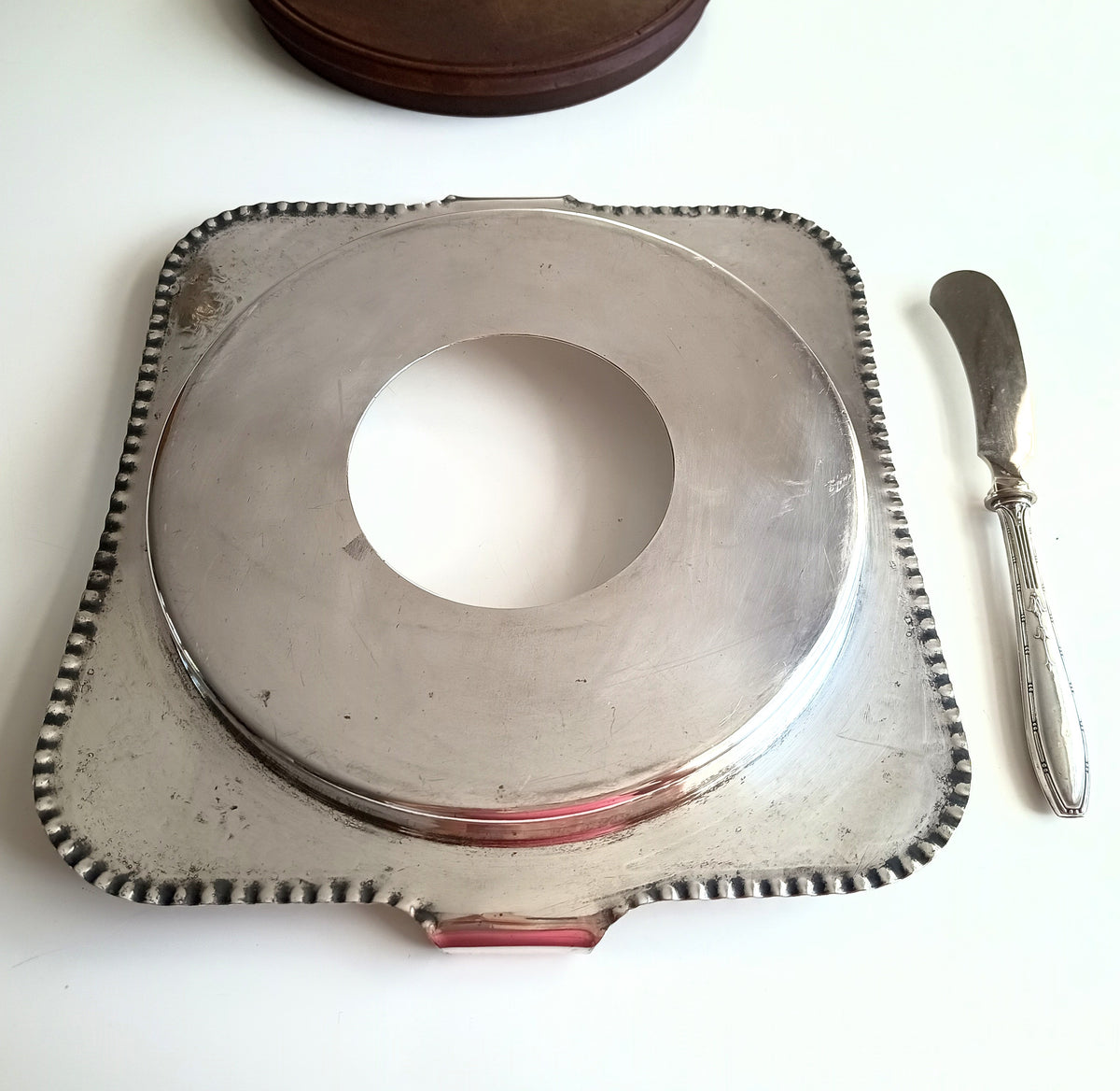 Antique English Chased Silver Plated Cheese / Charcuterie Board & Antique 800 Silver Handle Spreader