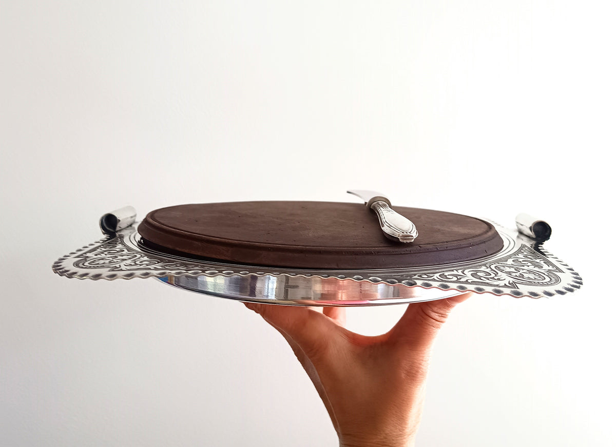 Antique English Chased Silver Plated Cheese / Charcuterie Board & Antique 800 Silver Handle Spreader