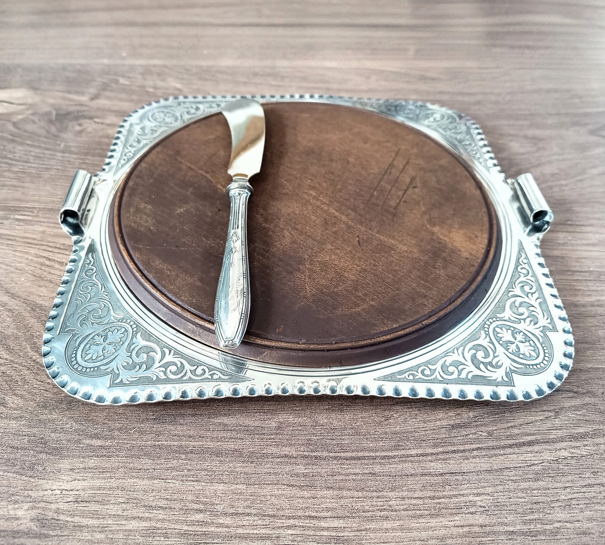 Antique English Chased Silver Plated Cheese / Charcuterie Board & Antique 800 Silver Handle Spreader