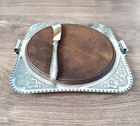 Antique English Chased Silver Plated Cheese / Charcuterie Board & Antique 800 Silver Handle Spreader