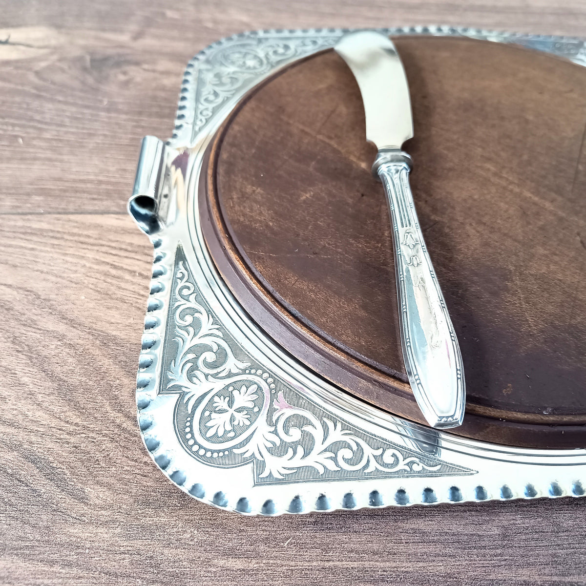 Antique English Chased Silver Plated Cheese / Charcuterie Board & Antique 800 Silver Handle Spreader