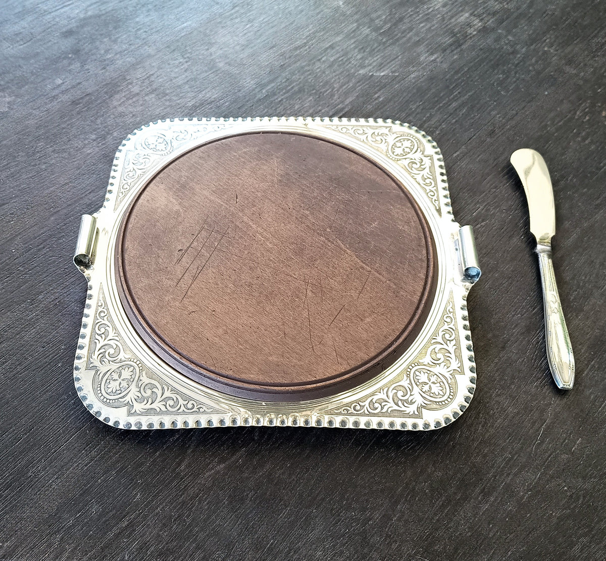 Antique English Chased Silver Plated Cheese / Charcuterie Board & Antique 800 Silver Handle Spreader