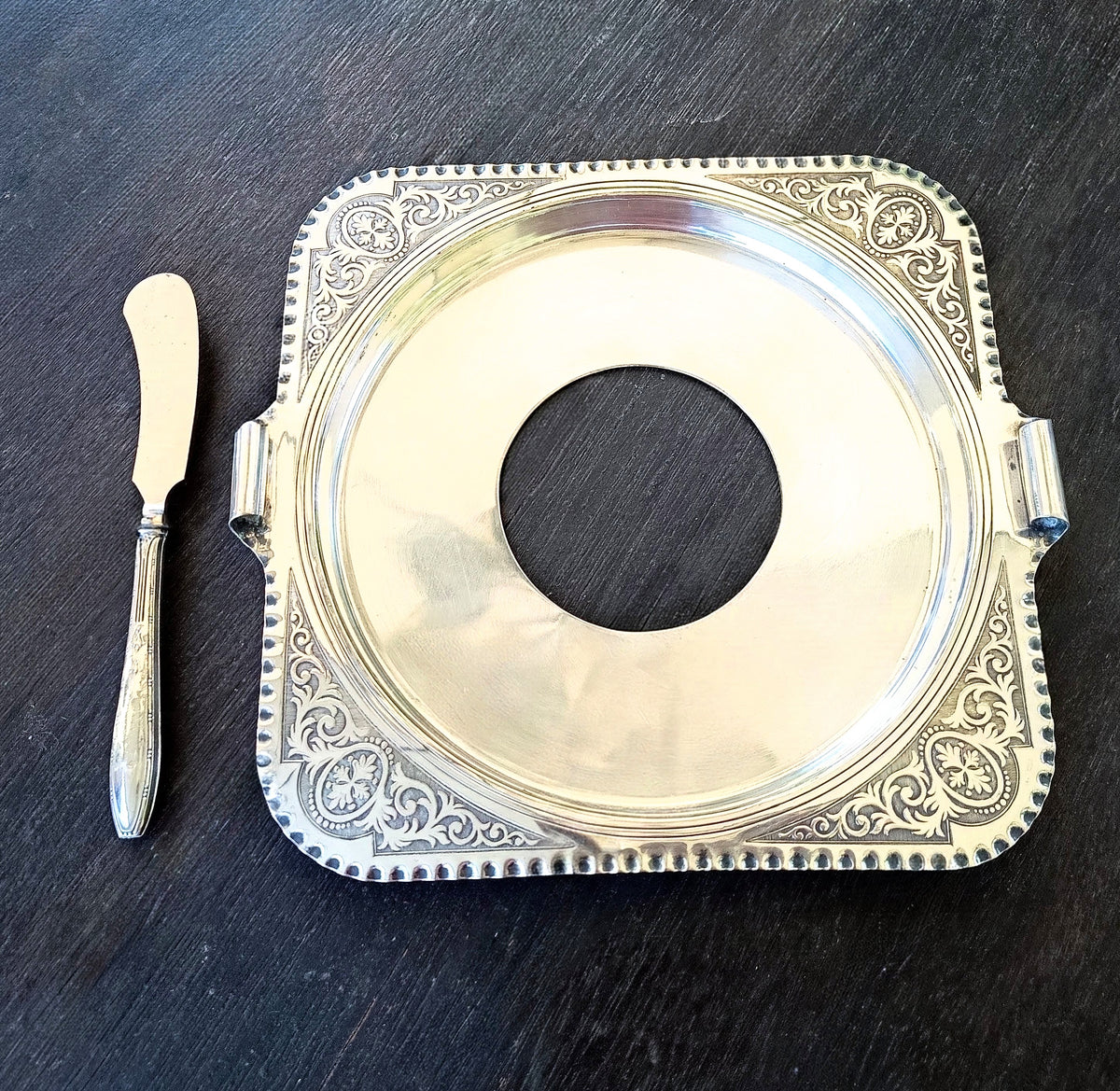 Antique English Chased Silver Plated Cheese / Charcuterie Board & Antique 800 Silver Handle Spreader