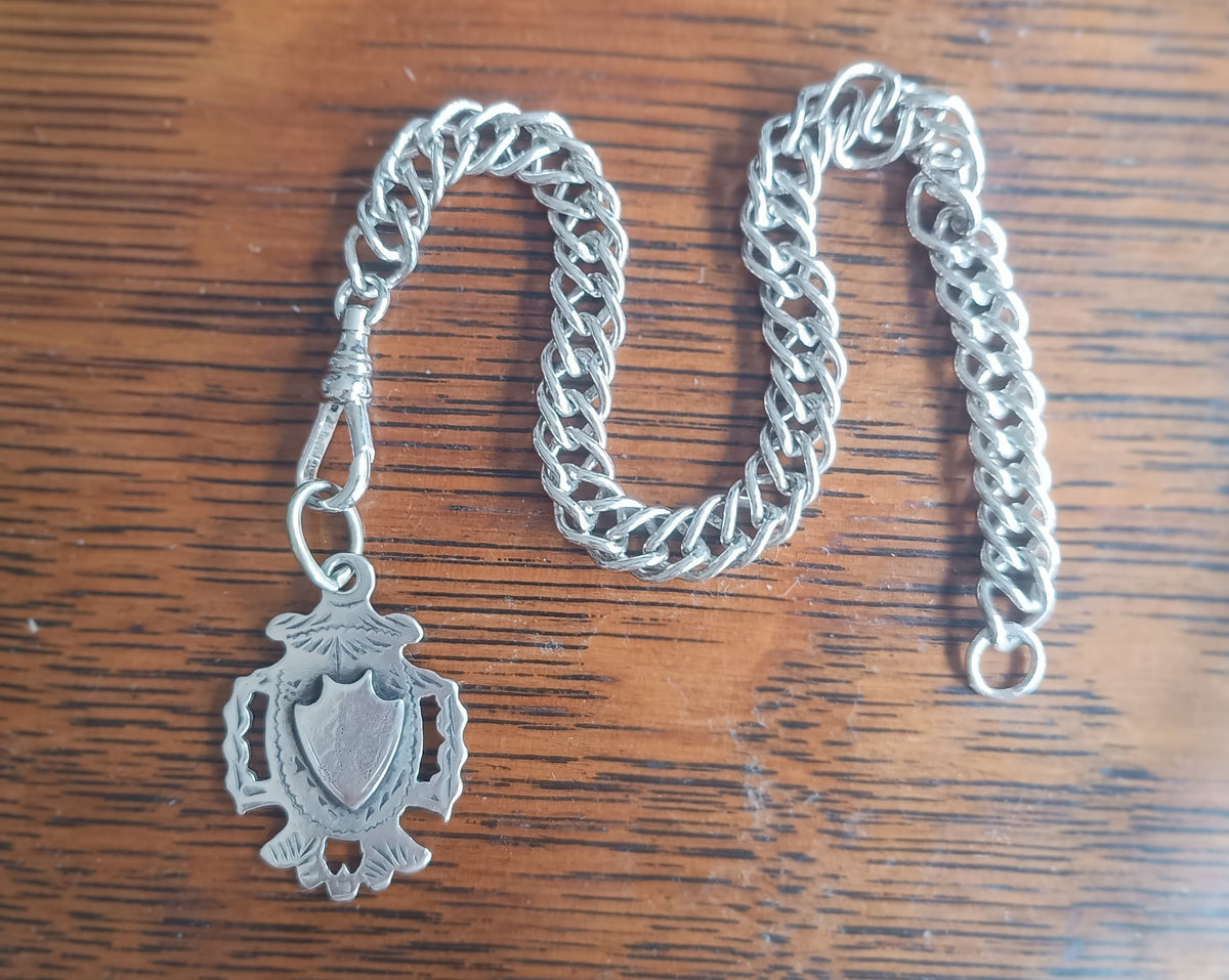 Antique WWI Sterling Silver Watch Fob, Birmingham 1915 Hallmarked, Dog Clip Chain