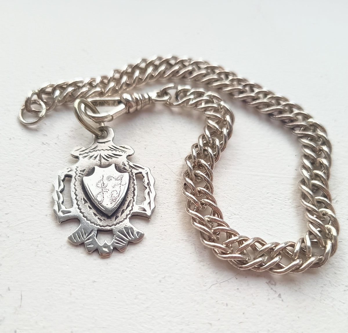 Antique WWI Sterling Silver Watch Fob, Birmingham 1915 Hallmarked, Dog Clip Chain