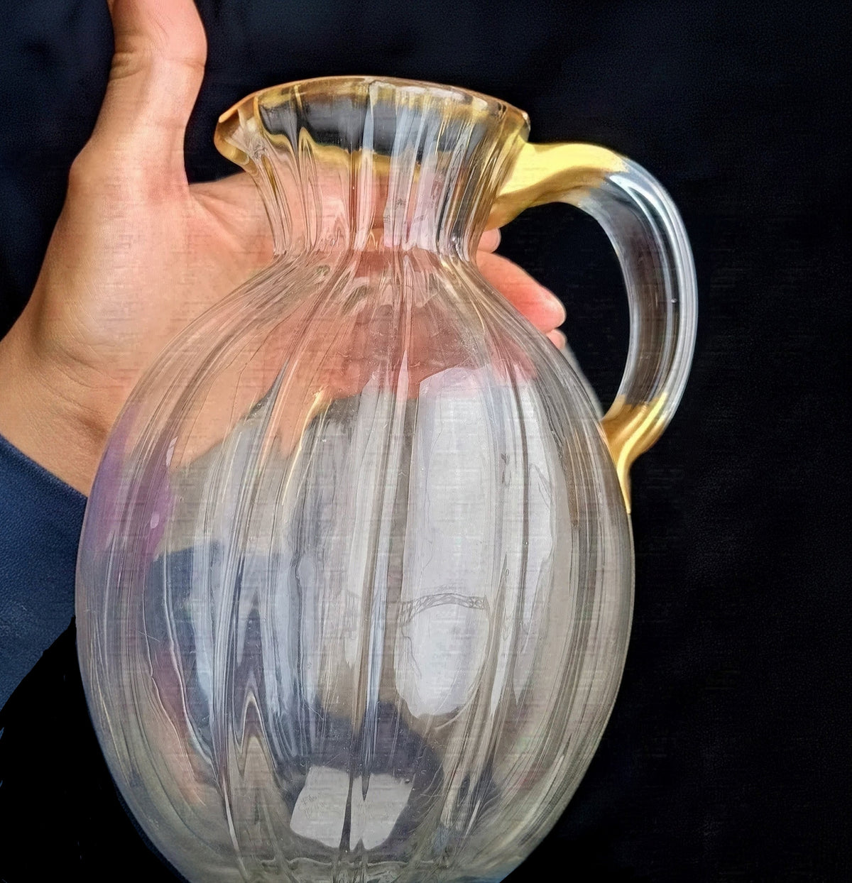 Antique Signed Daum Nancy Ribbed Brushed Gilt Water Jug, Lemonade or Wine Ewer, Ducal Service
