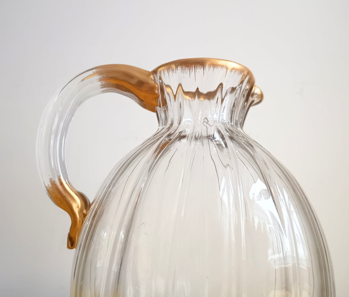 Antique Signed Daum Nancy Ribbed Brushed Gilt Water Jug, Lemonade or Wine Ewer, Ducal Service