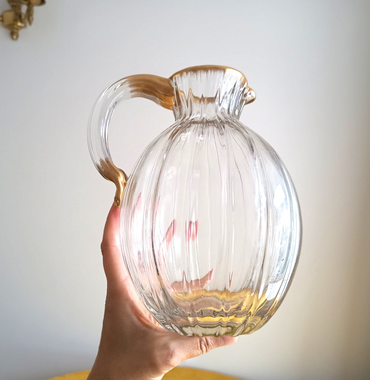 Antique Signed Daum Nancy Ribbed Brushed Gilt Water Jug, Lemonade or Wine Ewer, Ducal Service