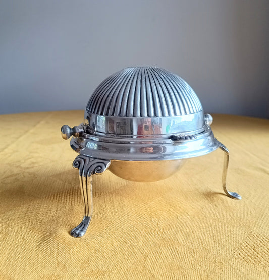 Vintage English Silver Plated Rollover Domed Caviar or Pate Dish, Butter Server