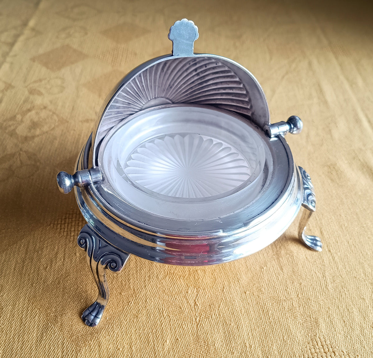Vintage English Silver Plated Rollover Domed Caviar or Pate Dish, Butter Server