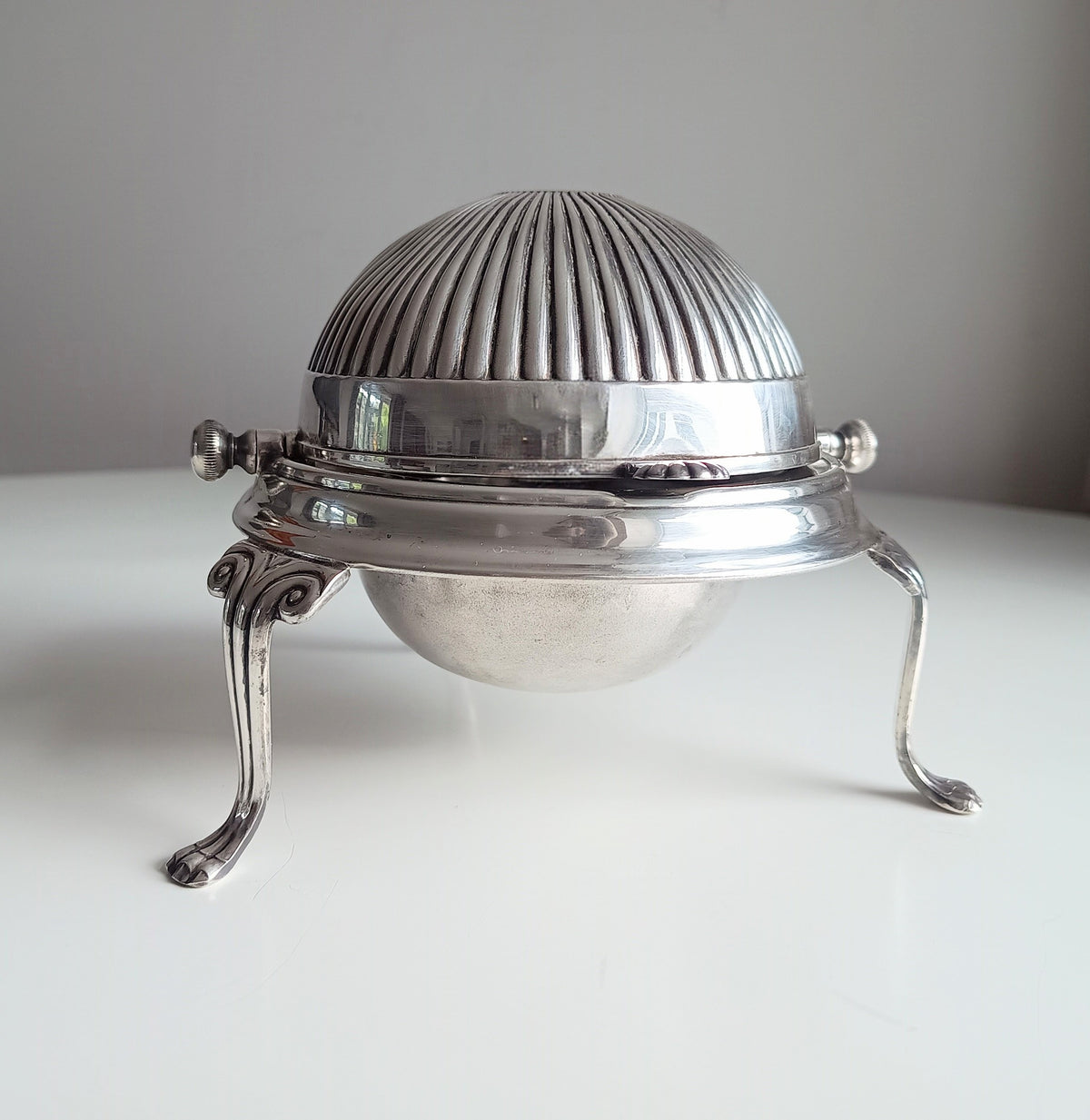 Vintage English Silver Plated Rollover Domed Caviar or Pate Dish, Butter Server