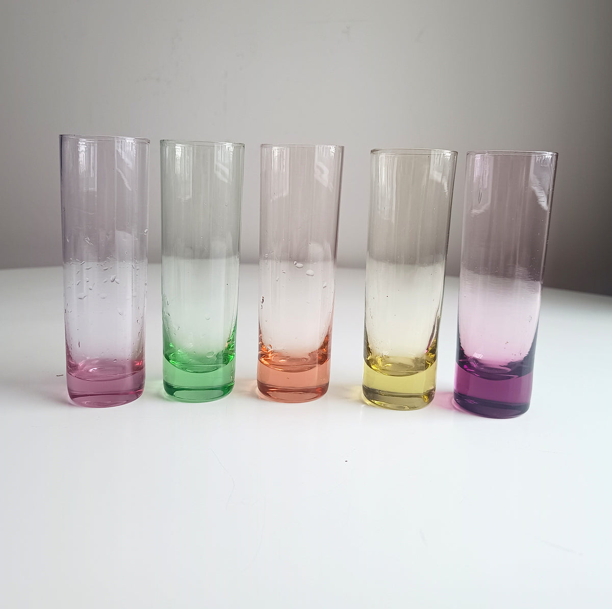 Vintage Midcentury Modern Harlequin Shotglasses, Coloured Glass Barware Olbernhau, Lausitzer
