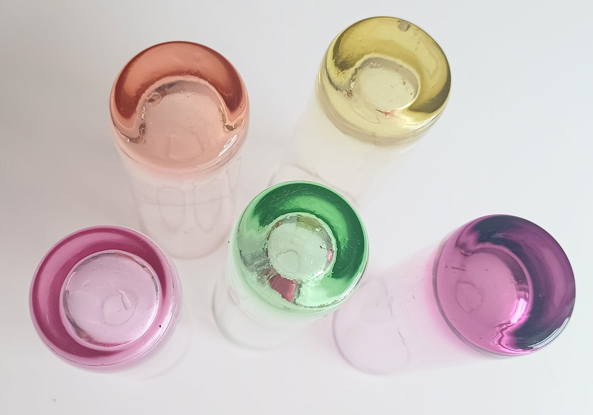 Vintage Midcentury Modern Harlequin Shotglasses, Coloured Glass Barware Olbernhau, Lausitzer