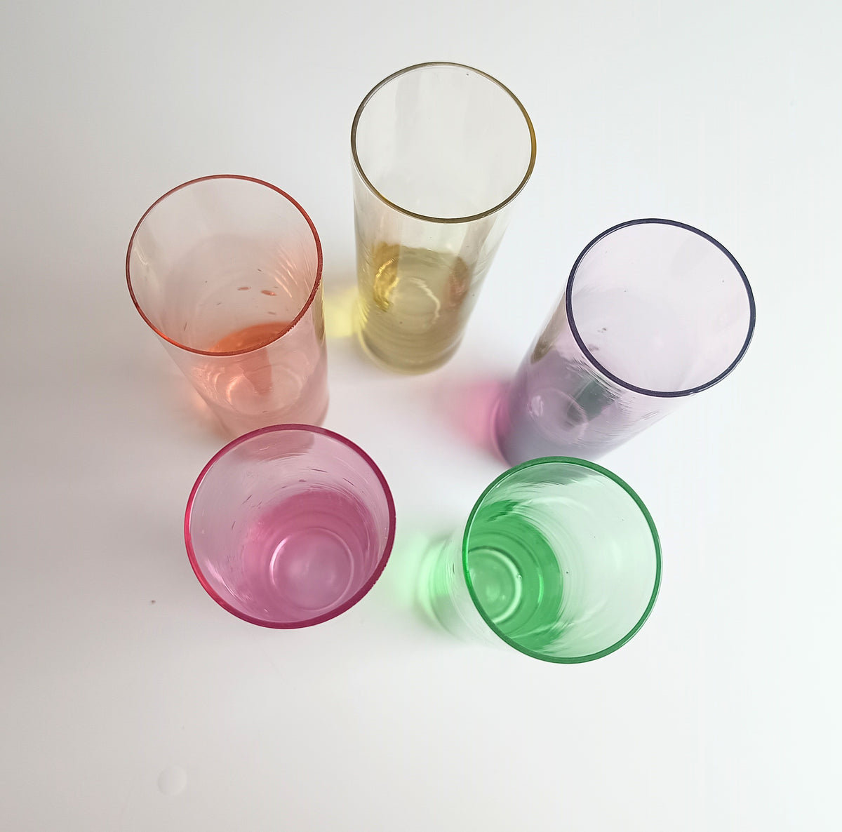 Vintage Midcentury Modern Harlequin Shotglasses, Coloured Glass Barware Olbernhau, Lausitzer