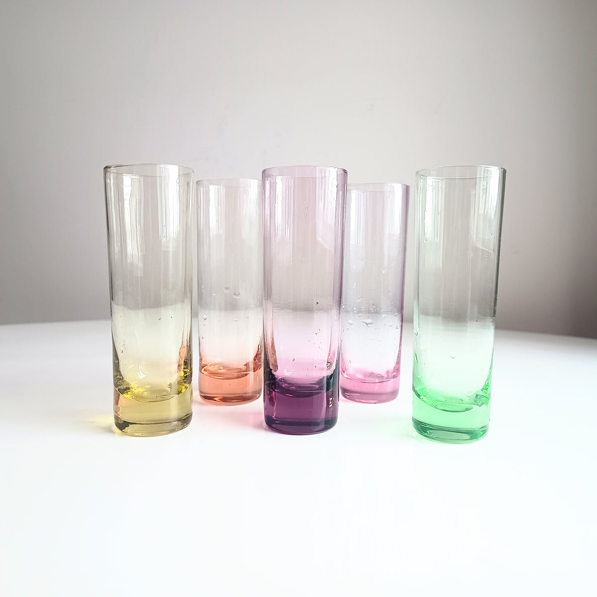 Vintage Midcentury Modern Harlequin Shotglasses, Coloured Glass Barware Olbernhau, Lausitzer
