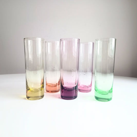 Vintage Midcentury Modern Harlequin Shotglasses, Coloured Glass Barware Olbernhau, Lausitzer
