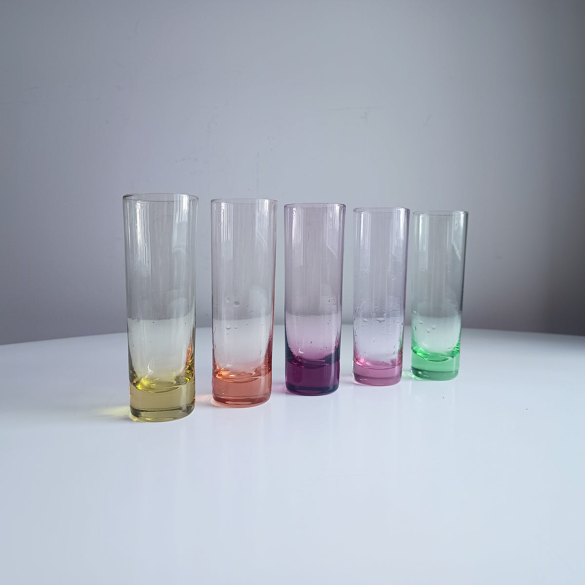 Vintage Midcentury Modern Harlequin Shotglasses, Coloured Glass Barware Olbernhau, Lausitzer