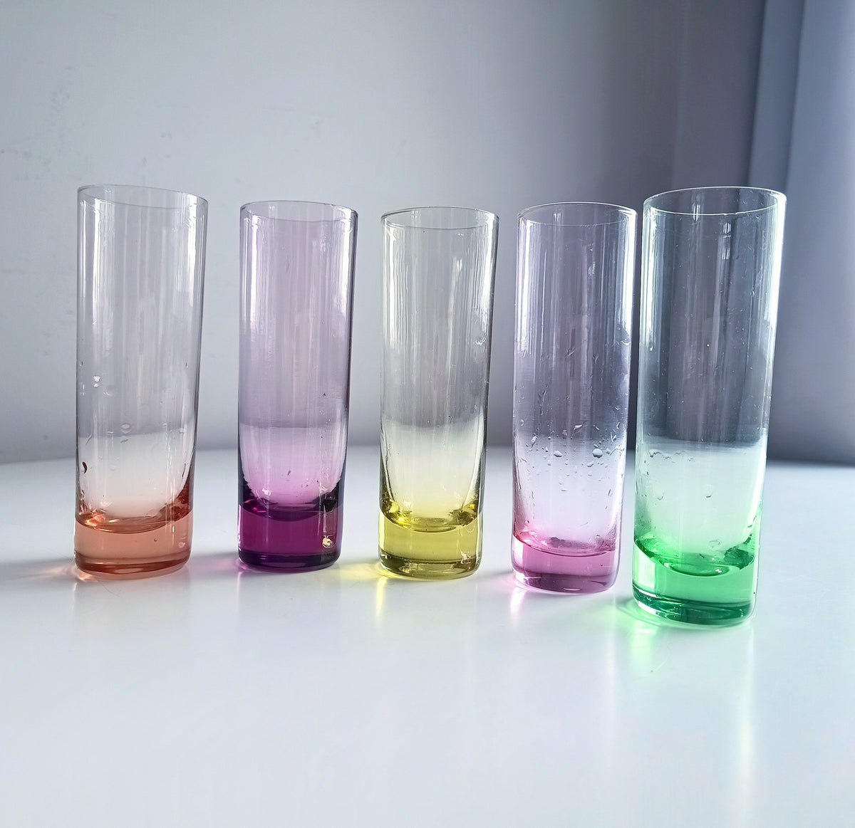 Vintage Midcentury Modern Harlequin Shotglasses, Coloured Glass Barware Olbernhau, Lausitzer