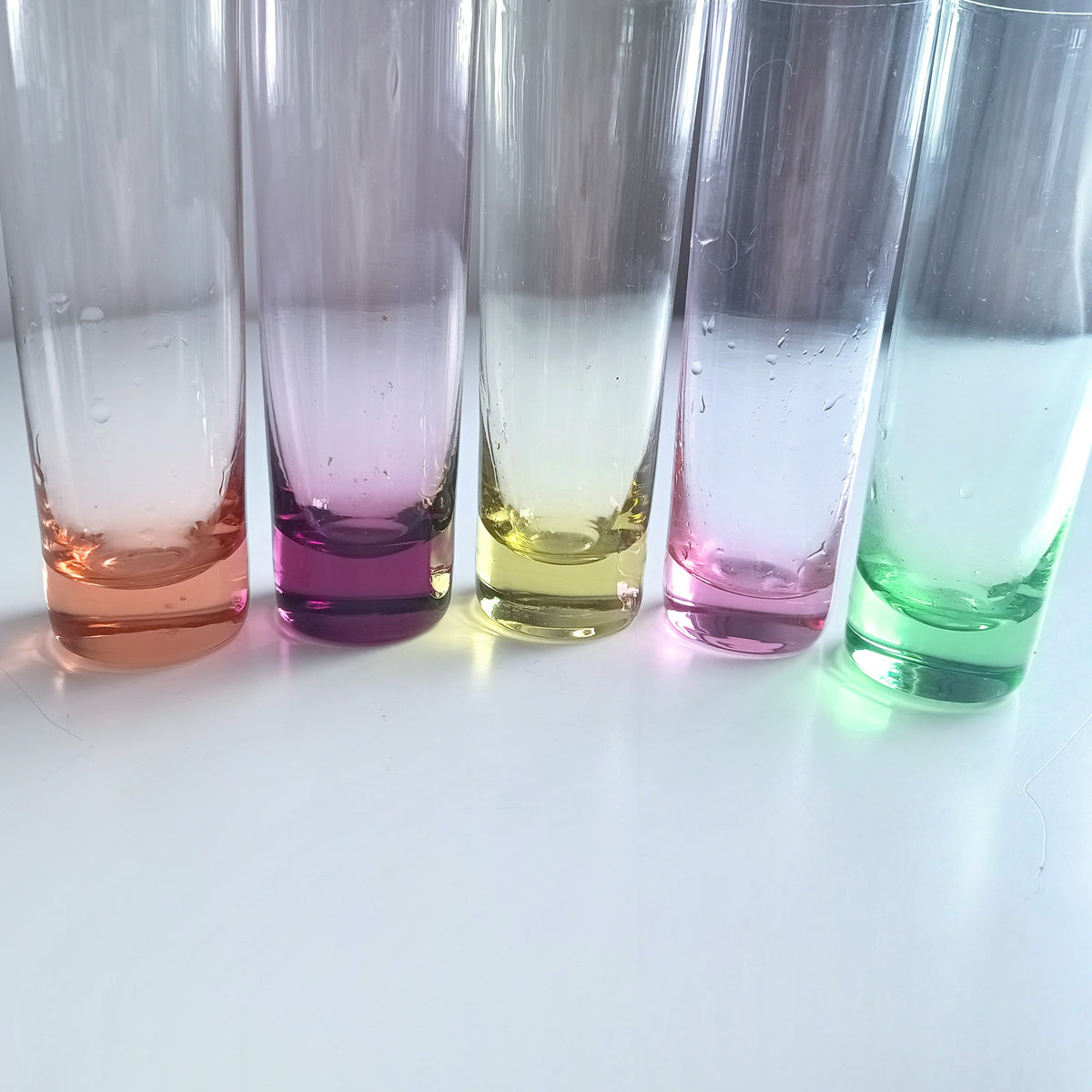Vintage Midcentury Modern Harlequin Shotglasses, Coloured Glass Barware Olbernhau, Lausitzer