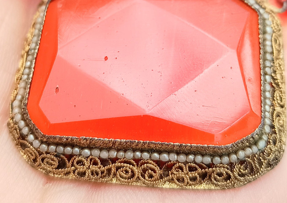 Antique Natural Carnelian Agate Chunky Necklace, Filigree Clasp, Victorian to early Art Deco