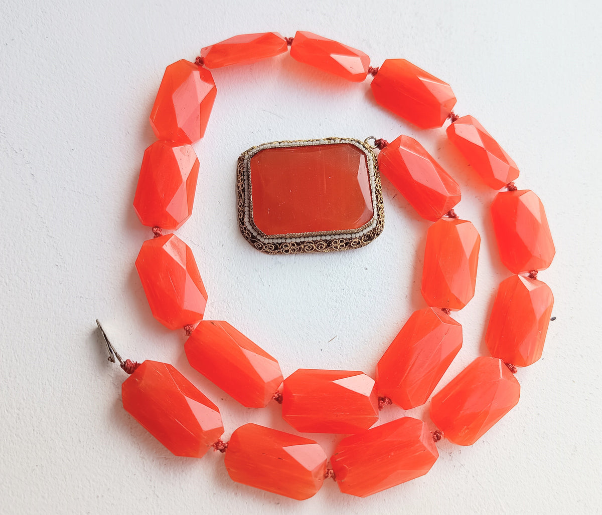 Antique Natural Carnelian Agate Chunky Necklace, Filigree Clasp, Victorian to early Art Deco