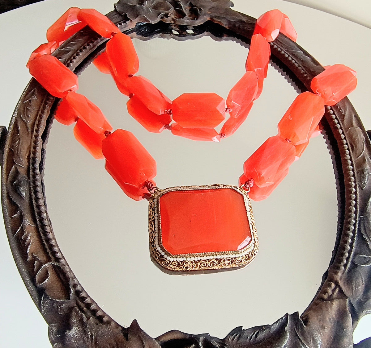 Antique Natural Carnelian Agate Chunky Necklace, Filigree Clasp, Victorian to early Art Deco
