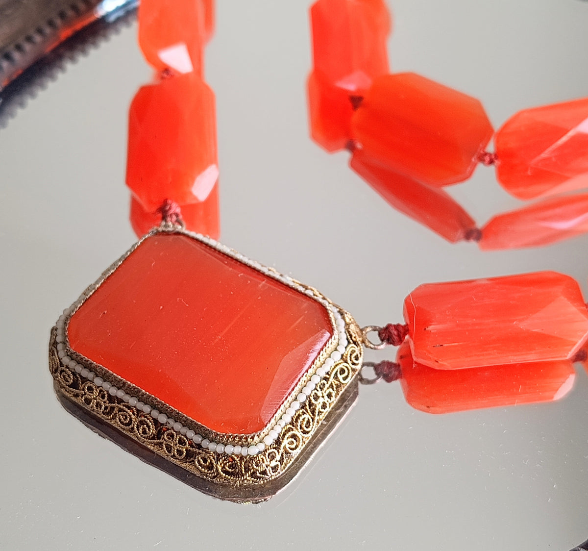 Antique Natural Carnelian Agate Chunky Necklace, Filigree Clasp, Victorian to early Art Deco