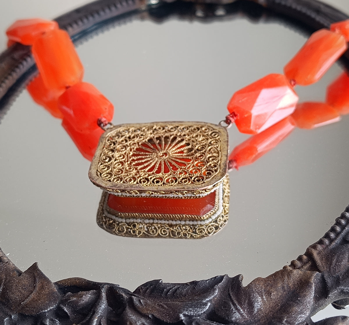 Antique Natural Carnelian Agate Chunky Necklace, Filigree Clasp, Victorian to early Art Deco
