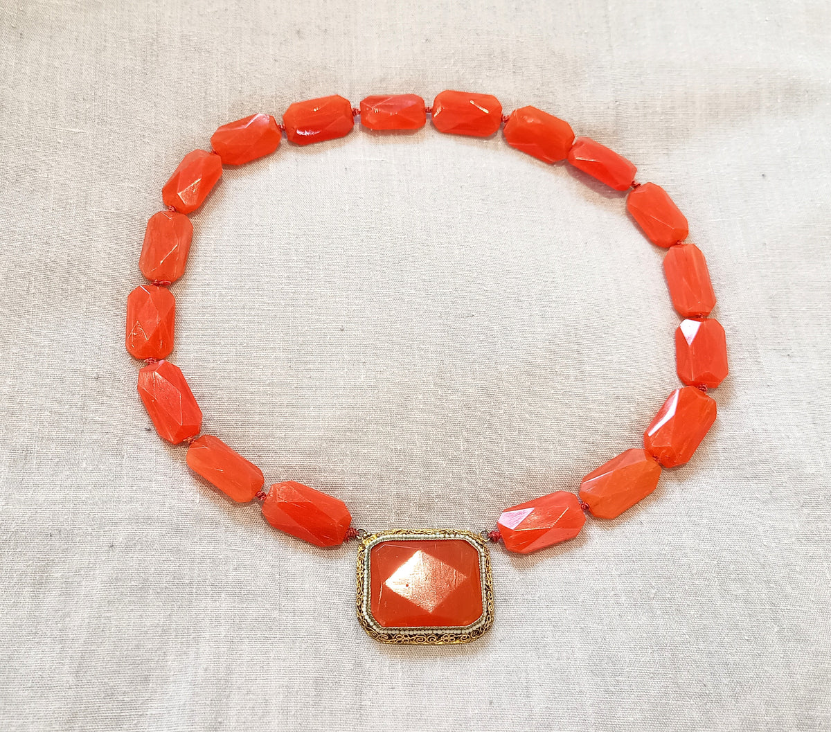 Antique Natural Carnelian Agate Chunky Necklace, Filigree Clasp, Victorian to early Art Deco
